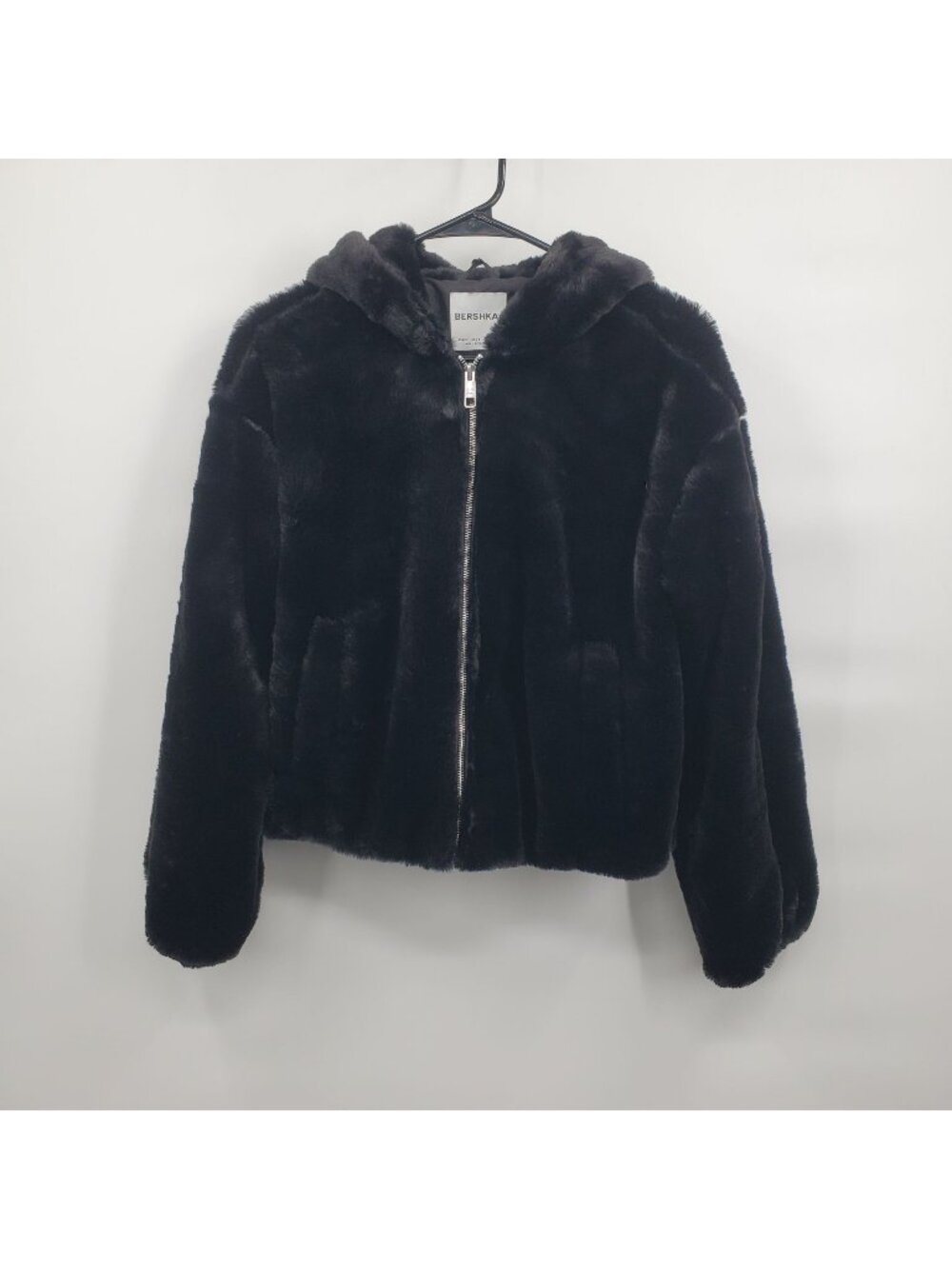 Bershka Faux Fur Hooded Jacket Women Size Small NWT Full Zip Regular FIt Black